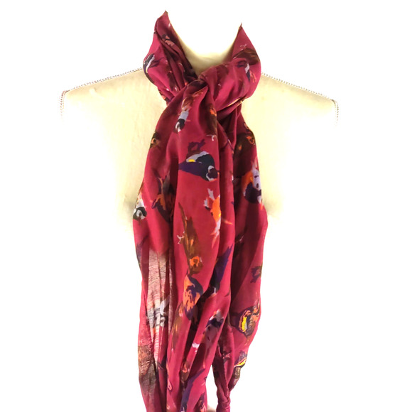 Mudd Scarf Rectangle 72" X 15" Tassels Birds Sparrows Bermuda Red Gray Black - Picture 10 of 10